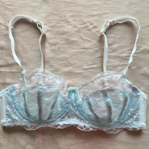 Jezebel Unlined Sheer Lace Bra in White/Pale Blue 32B, Panty with Ruffle S